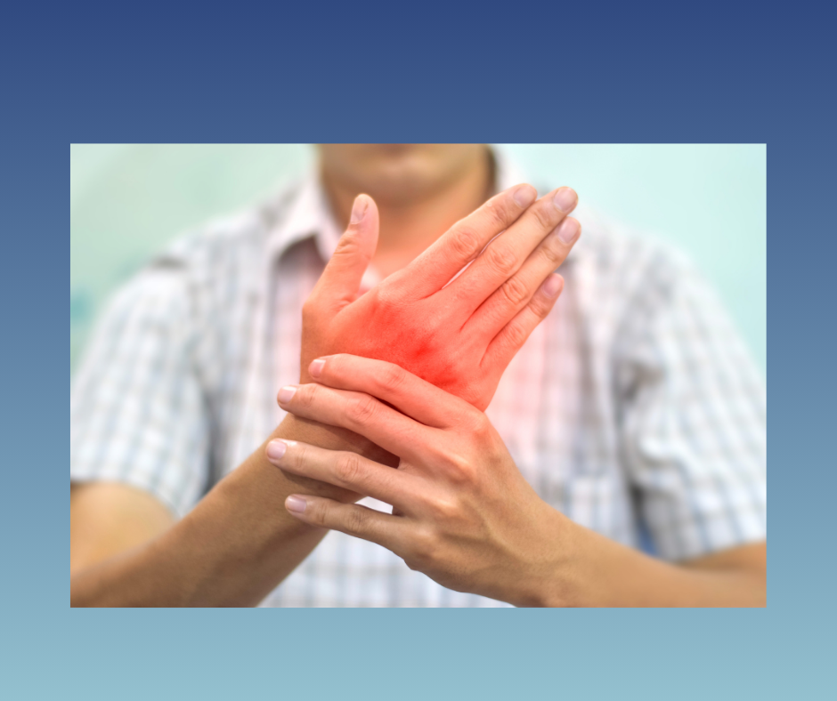 A person in a striped shirt holds their wrist, with a red highlighted area indicating joint pain