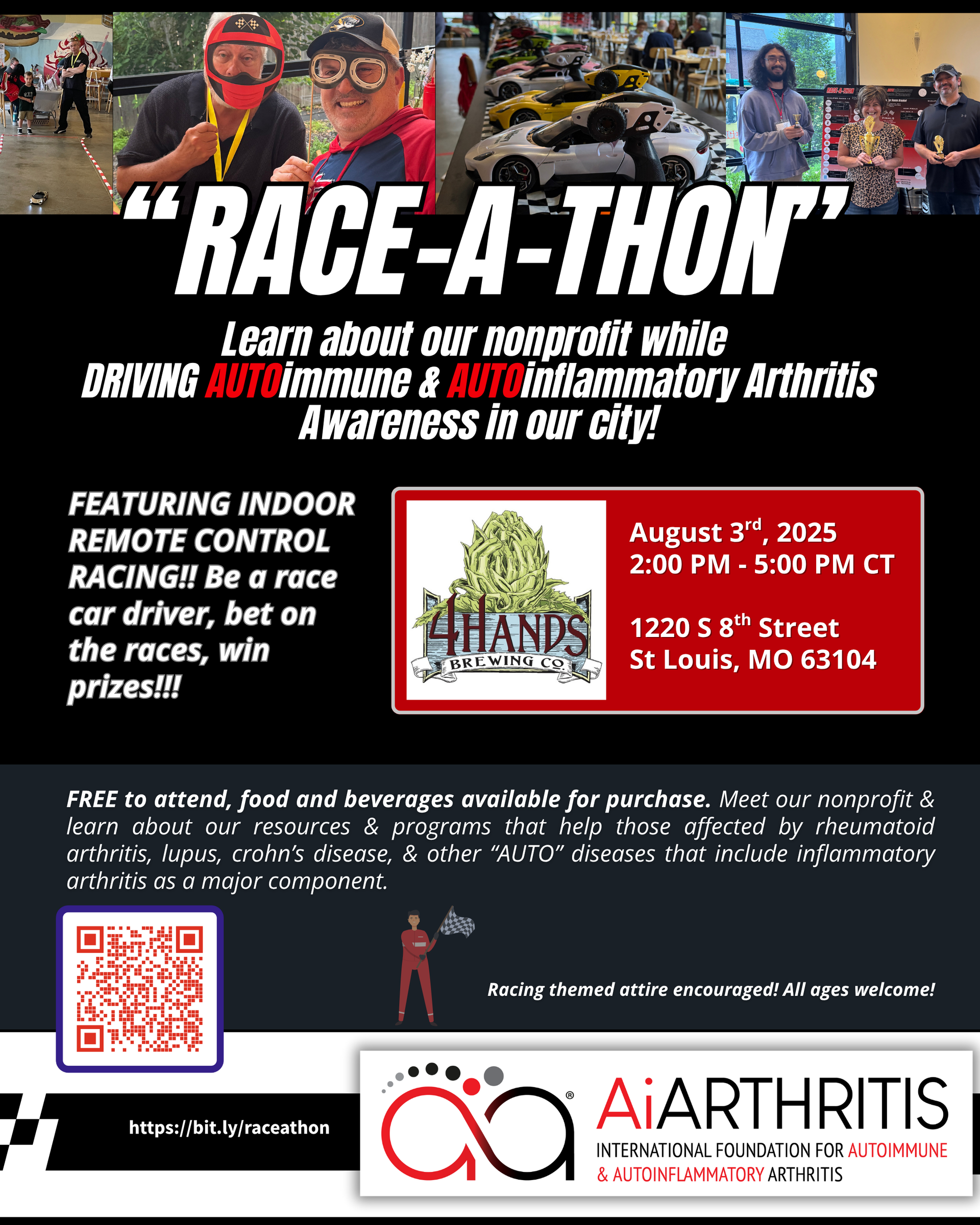 Flyer advertising AiArthritis' Race-A-Thon event on August 3rd at 4 Hands Brewing Company. Important event details and a QR code to learn more info.