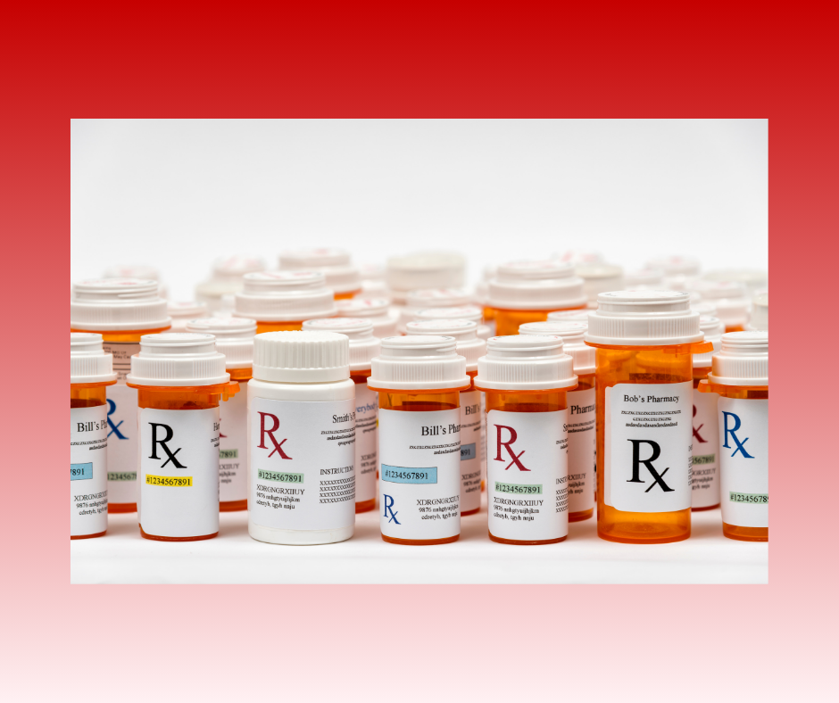 Multiple orange prescription medication bottles with white caps arranged in rows, showing various Rx