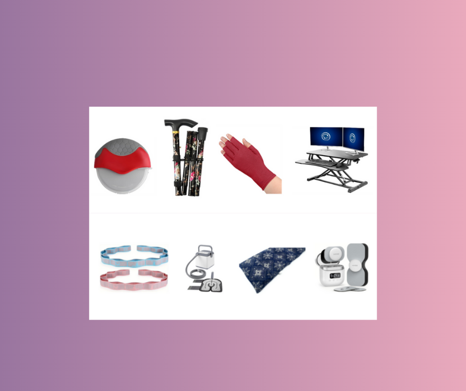 Grid showing assistive items: jar opener, canes, gloves, desk, bands, wrist rest and massager.