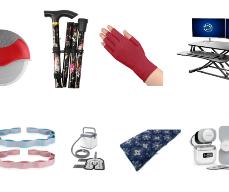 Grid showing assistive items: jar opener, canes, gloves, desk, bands, wrist rest and massager.