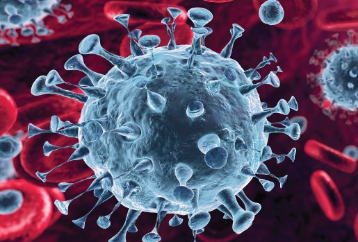 A 3D visualization of a coronavirus particle in gray and red coloring against a dark background, representing COVID-19 resources