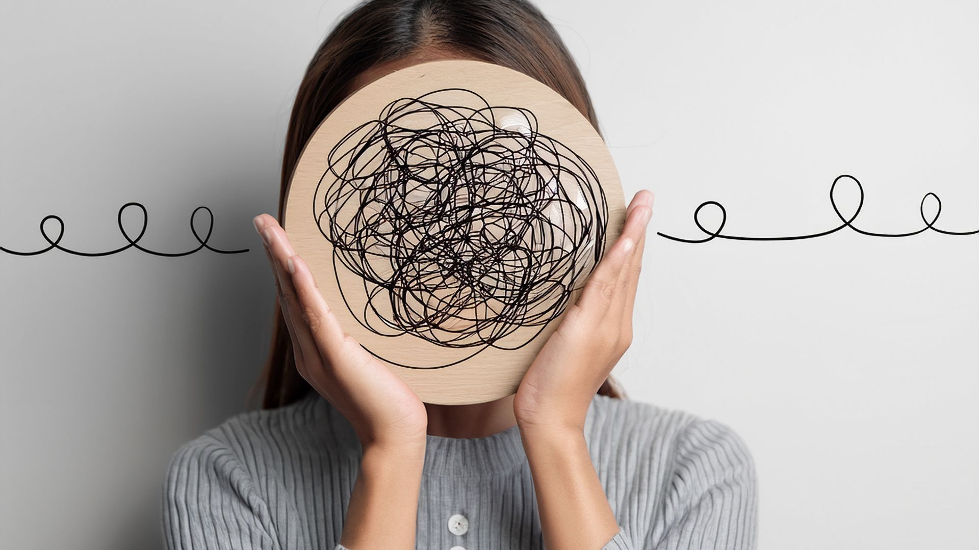 Woman holding a round board with tangled lines covering her face, lines extend left and right.