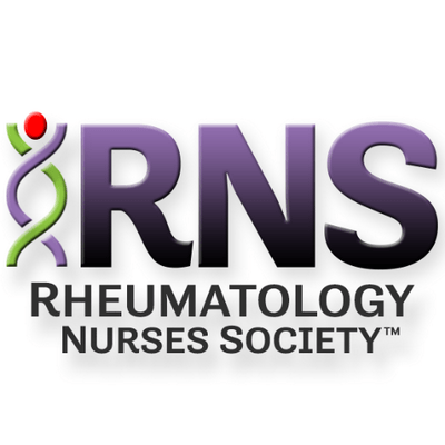 RNS Rheumatology Nurses Society logo with DNA helix icon in red and green beside purple gradient letters, and full name below