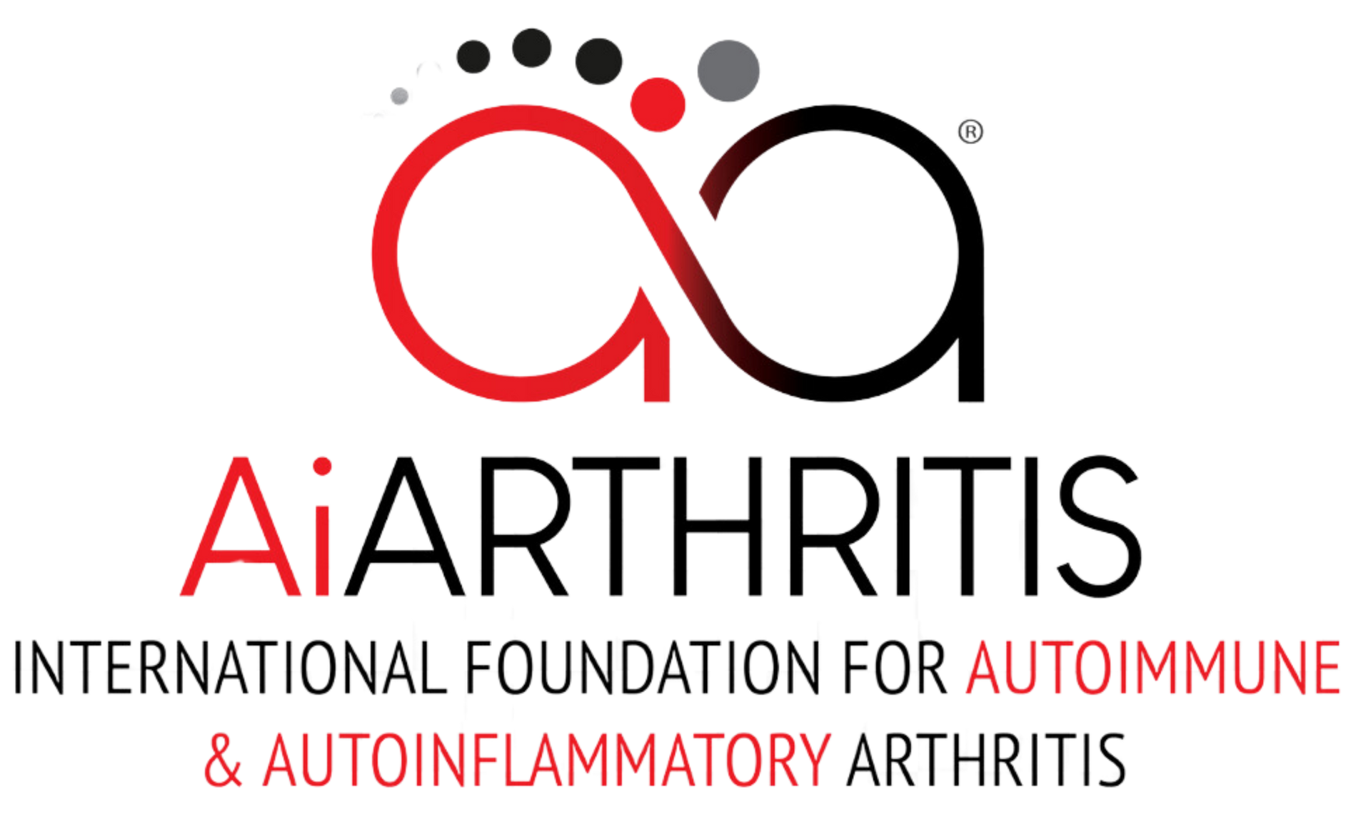 AiArthritis logo showing stylized infinite loop symbol in red with black dots, above organization name for International Foundation for Autoimmune & Autoinflammatory Arthritis.