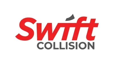 A red and white logo for swift collision on a white background