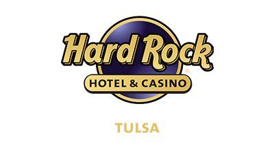 Hard Rock Hotel & Casino Tulsa logo: gold text on a dark blue background; below, 