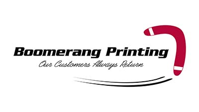 A logo for boomerang printing with a red boomerang on a white background.