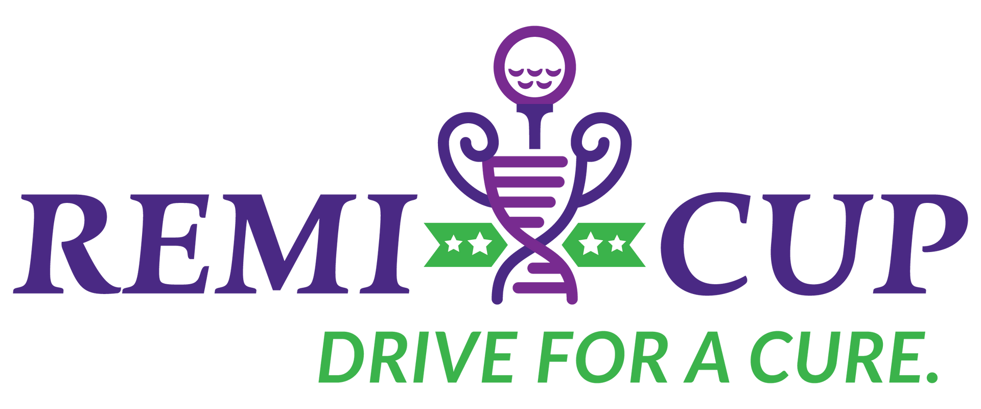 The remi cup logo is purple and green and says drive for a cure.