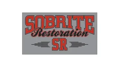 A red and black logo for sobrite restoration sr