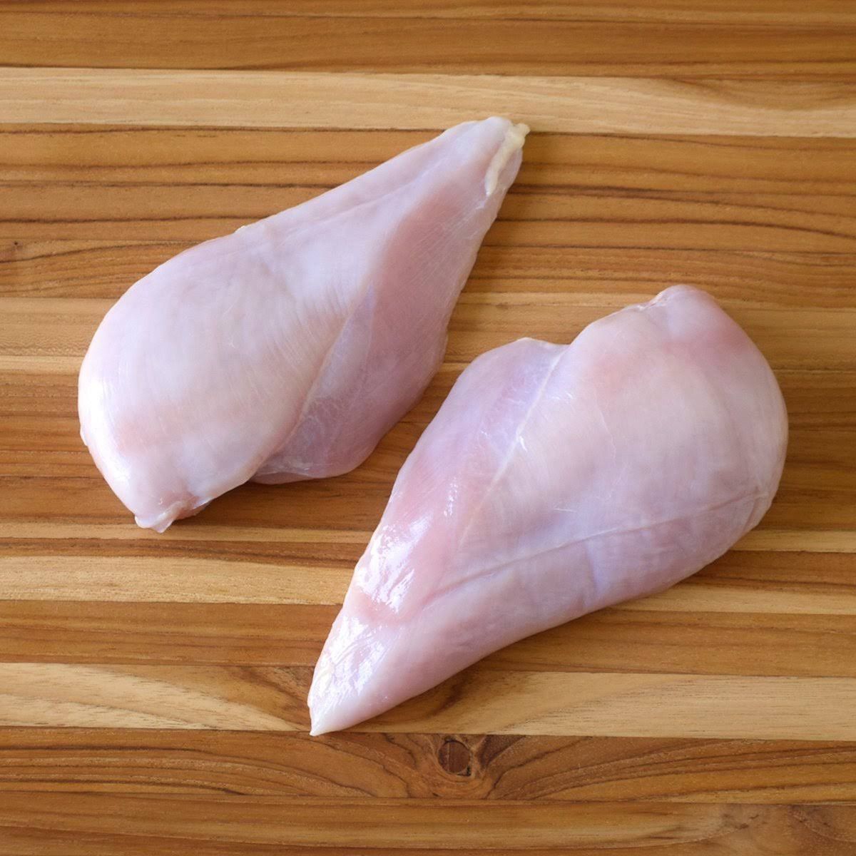 Two raw chicken breasts on a wooden cutting board