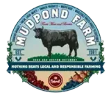 The logo for Mudpond Farm hows a cow standing in a field.