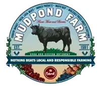 The logo for Mudpond Farm hows a cow standing in a field.