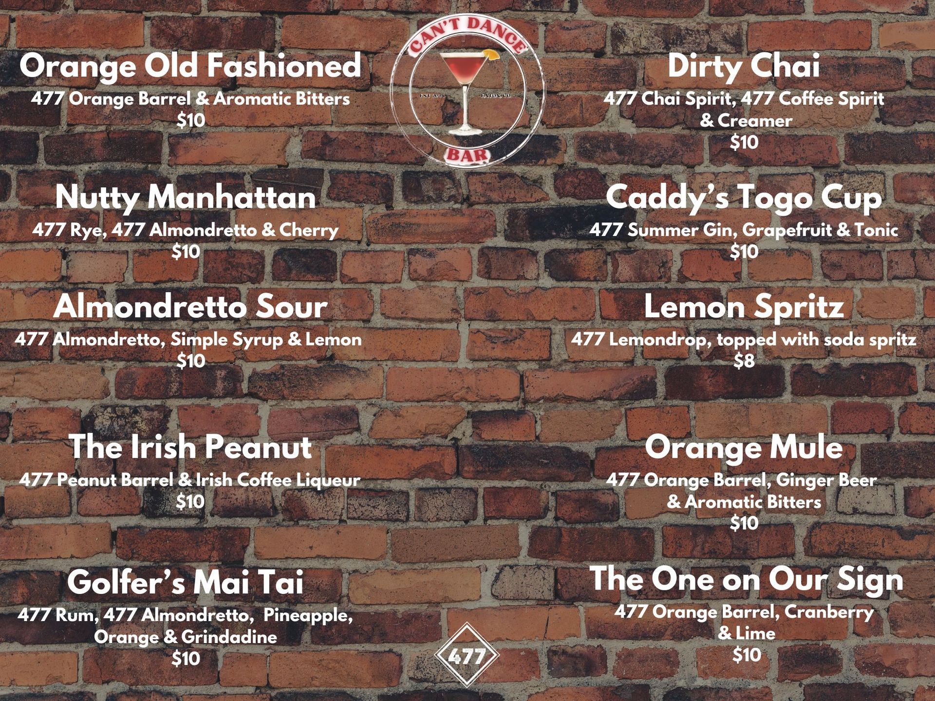 Cocktail menu on a brick wall background, listing drink names, ingredients, and prices.