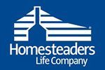 Logo for Homesteaders Life Company: a stylized white house outline on a blue background with the company name in white.