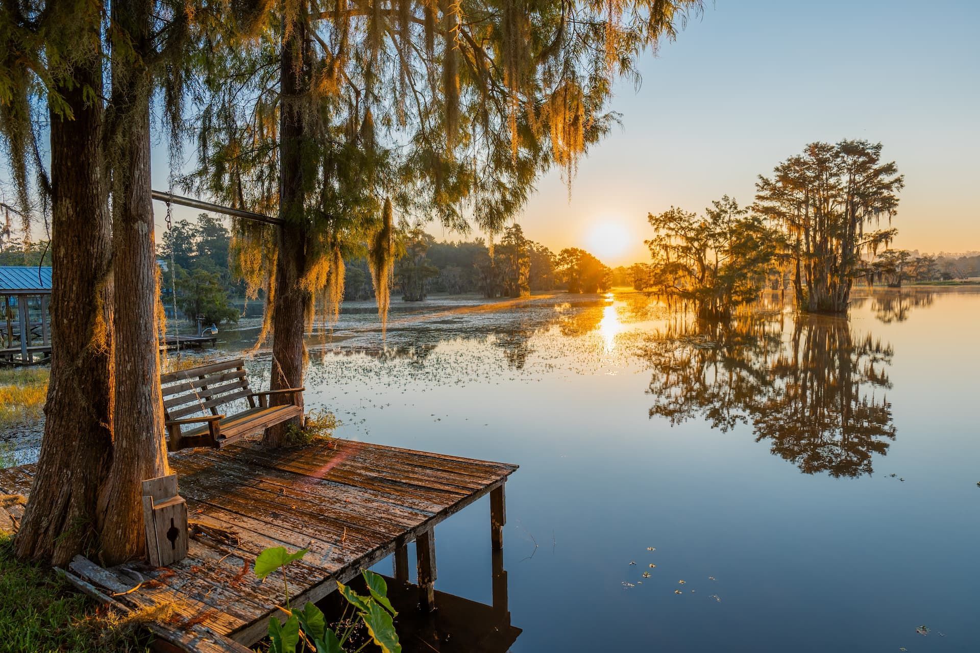 A wooden swing sits on a small dock by a calm lake at sunrise, surrounded by moss-draped trees and reflections.
