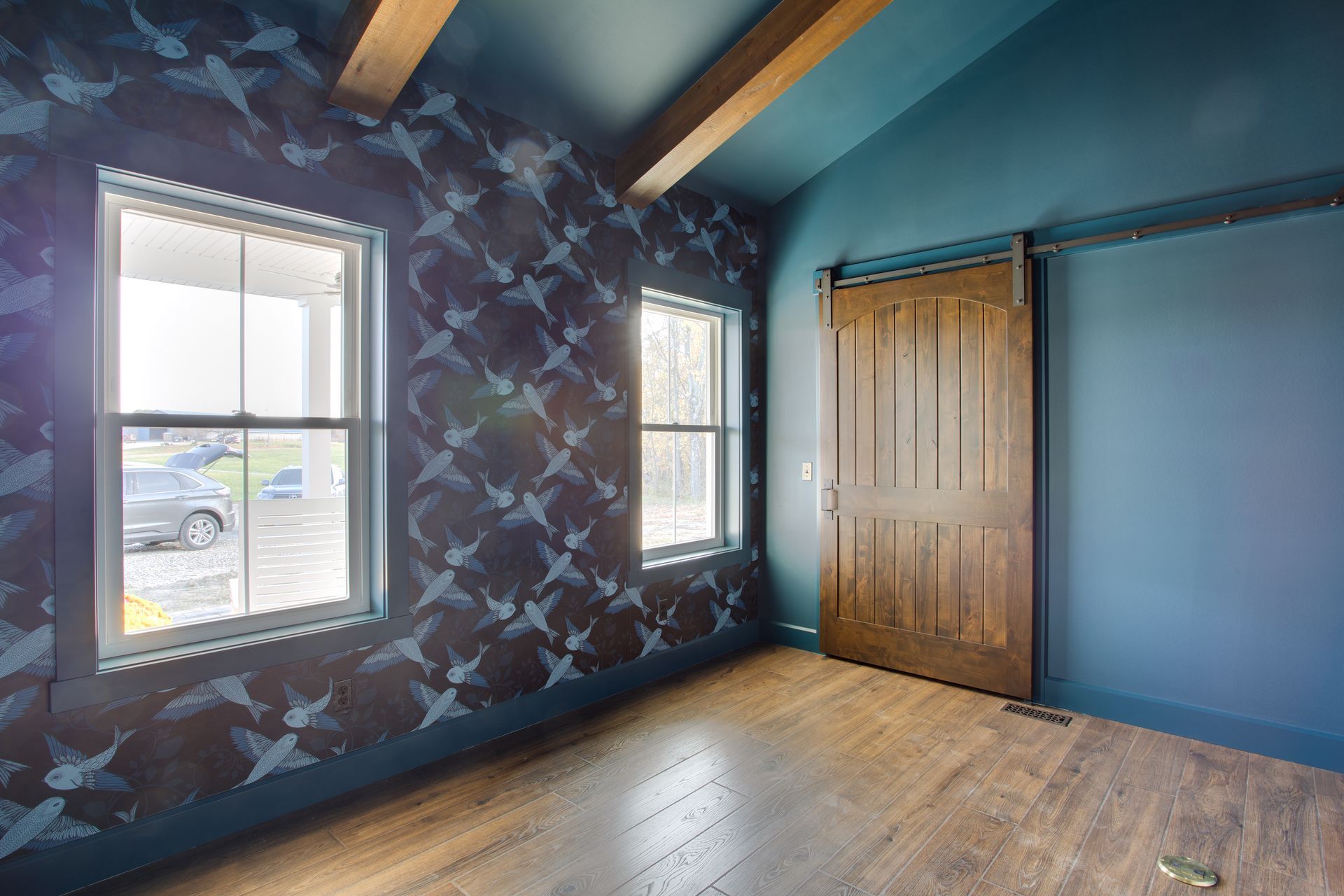 An empty room with a sliding barn door and birds on the wall.