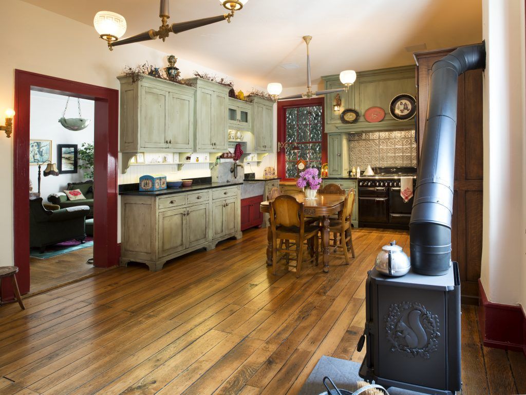 There is a wood stove in the middle of the kitchen.