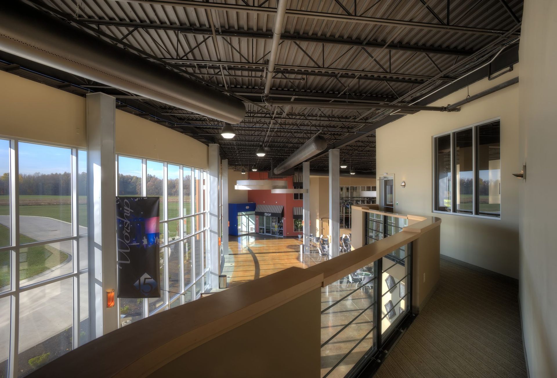 A hallway in a building with a sign that says work.