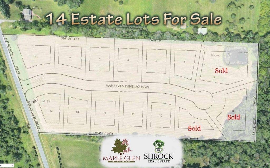An aerial view of 14 estate lots for sale.