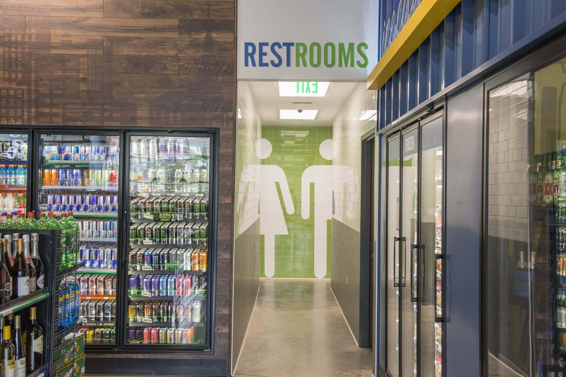 A convenient store with a sign that says restrooms on it.