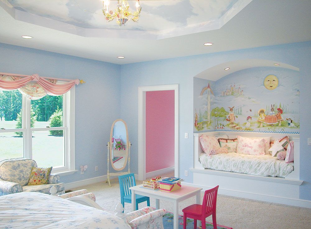 A bedroom with a bed , table , chairs and a mural on the wall.