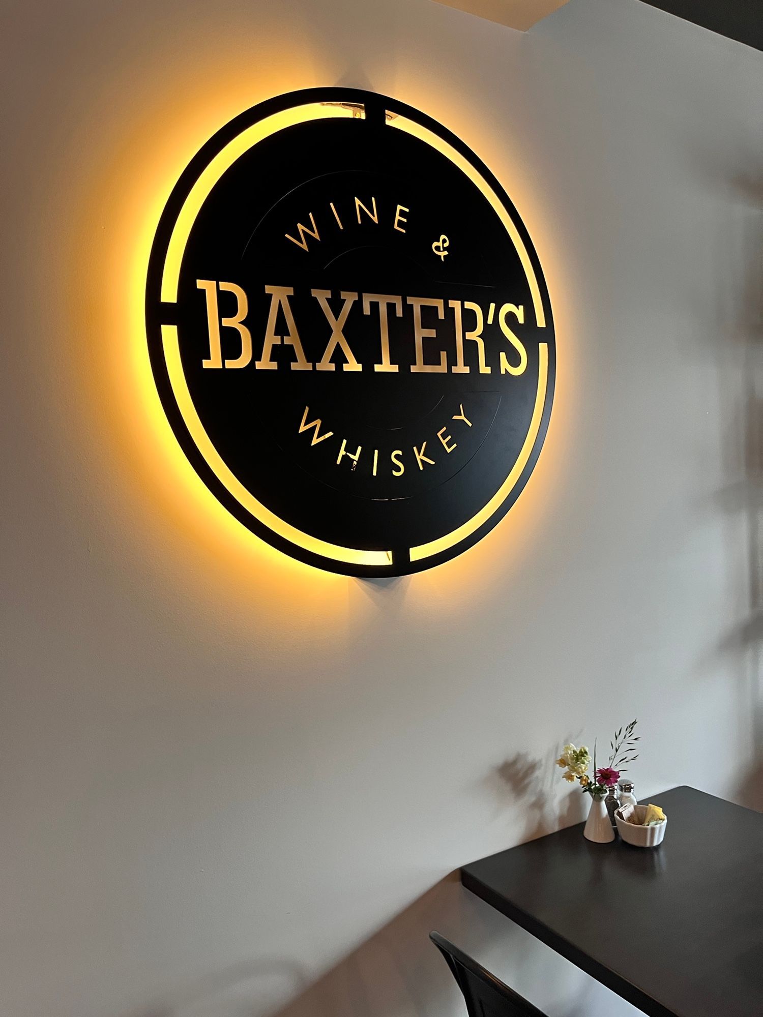 A sign on a wall that says baxter 's whiskey.