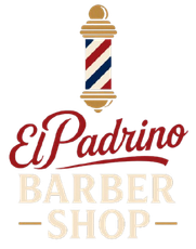 A logo for El Padrino Barber Shop featuring a red, white, and blue barber pole above the red text "El Padrino".