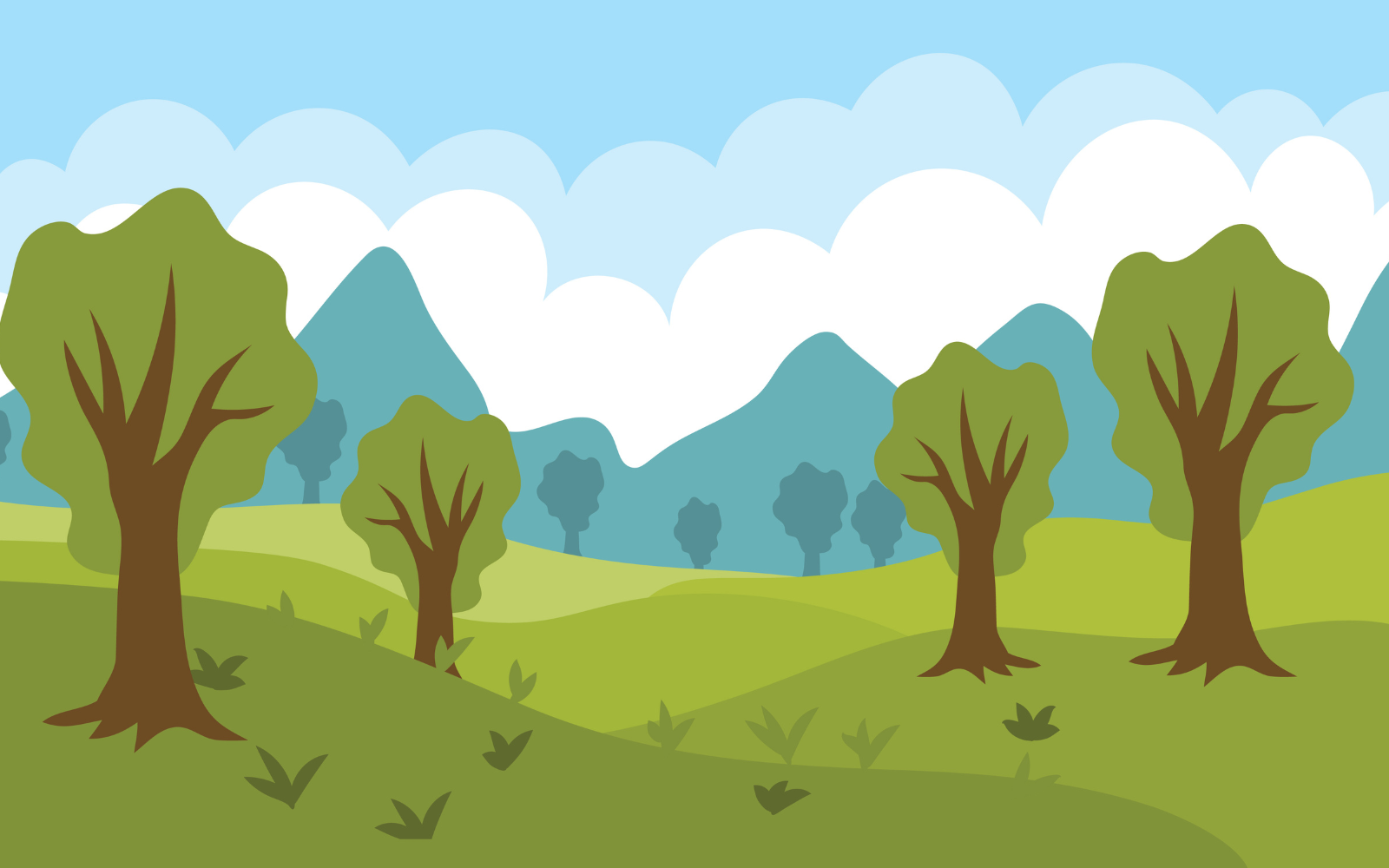 A flat-style illustration of a green meadow with four trees under rolling blue mountains and a cloudy sky.
