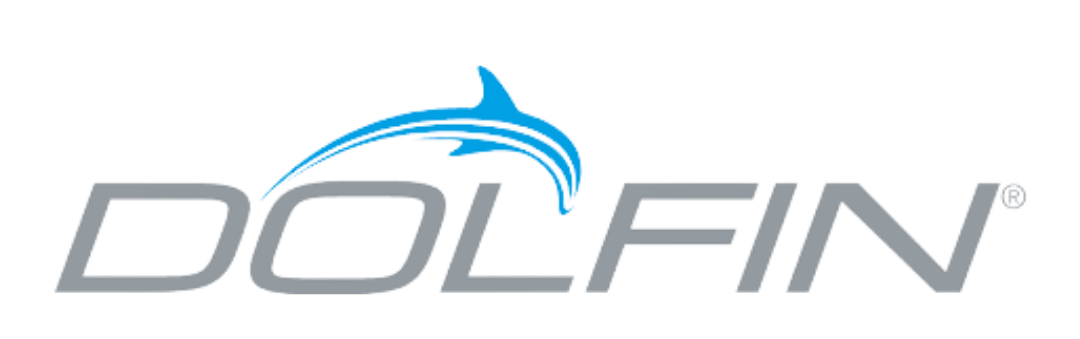 The logo for dolphin is blue and gray with a dolphin on it.