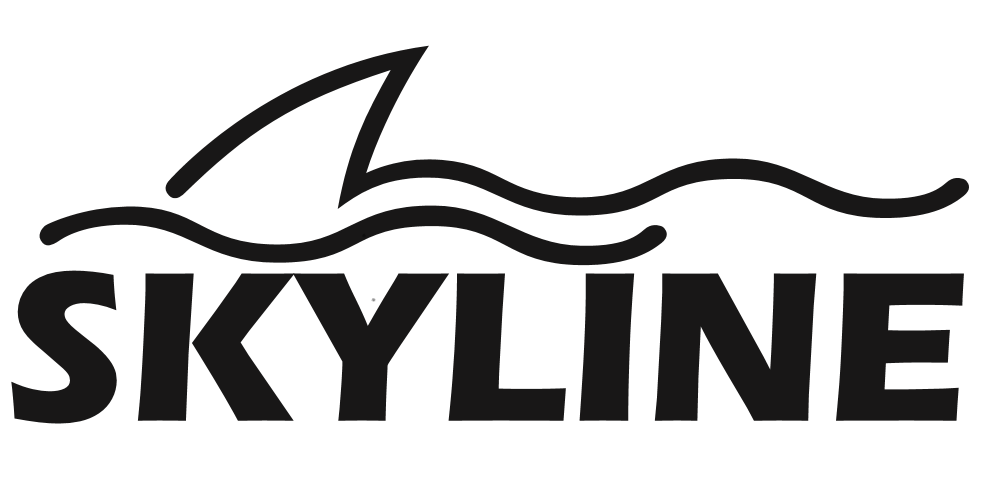 A black and white logo for skyline with a shark on it.