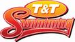 A red and yellow logo for t & t swimming