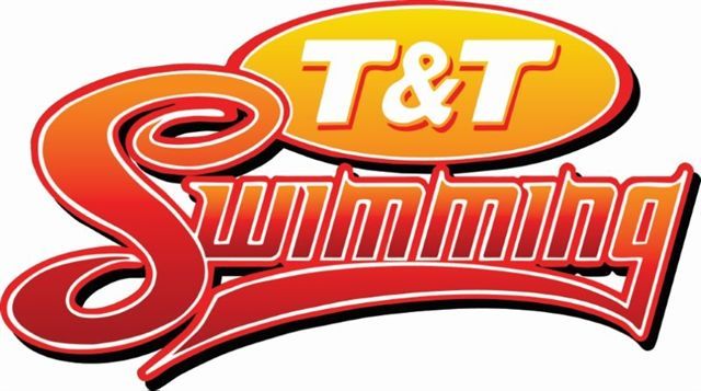 A red and yellow logo for t & t swimming
