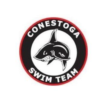 The conestoga swim team logo is a shark in a circle.