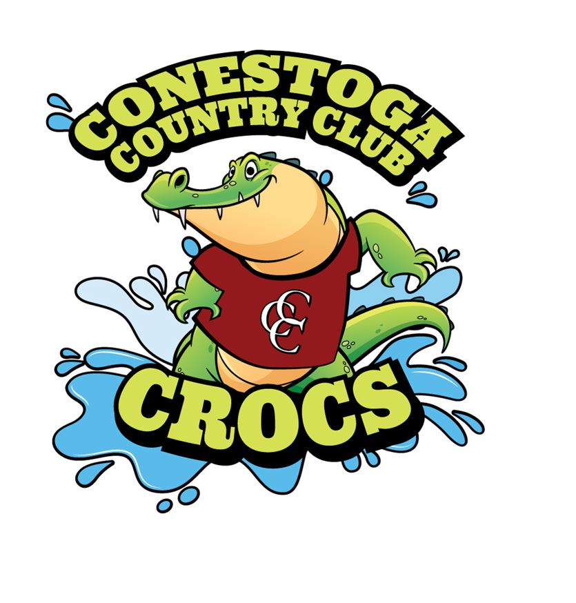 A logo for conestoga country club crocs with a crocodile wearing a red shirt