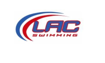 A blue and red logo for lac swimming