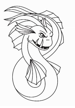 A black and white drawing of a dragon with wings on a white background.