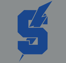 A blue letter s with a lightning bolt on a gray background.