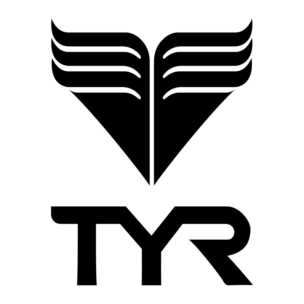 A black and white logo for tyr with a triangle and wings.