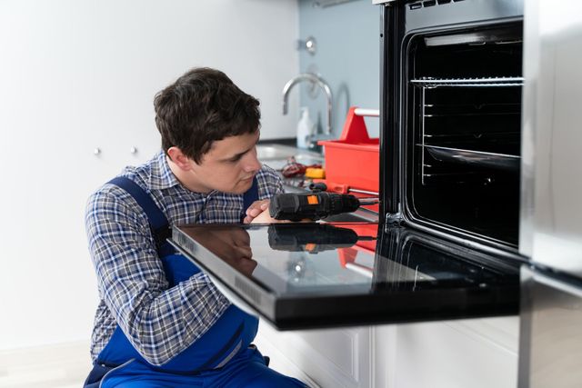 Person kneeling to inspect an open black oven in a bright kitchen while holding a tool