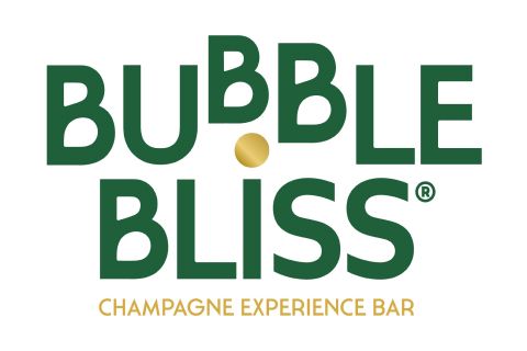 Bubble Bliss logo: Green text with a gold dot. "Bubble Bliss" over "Champagne Experience Bar" in gold.