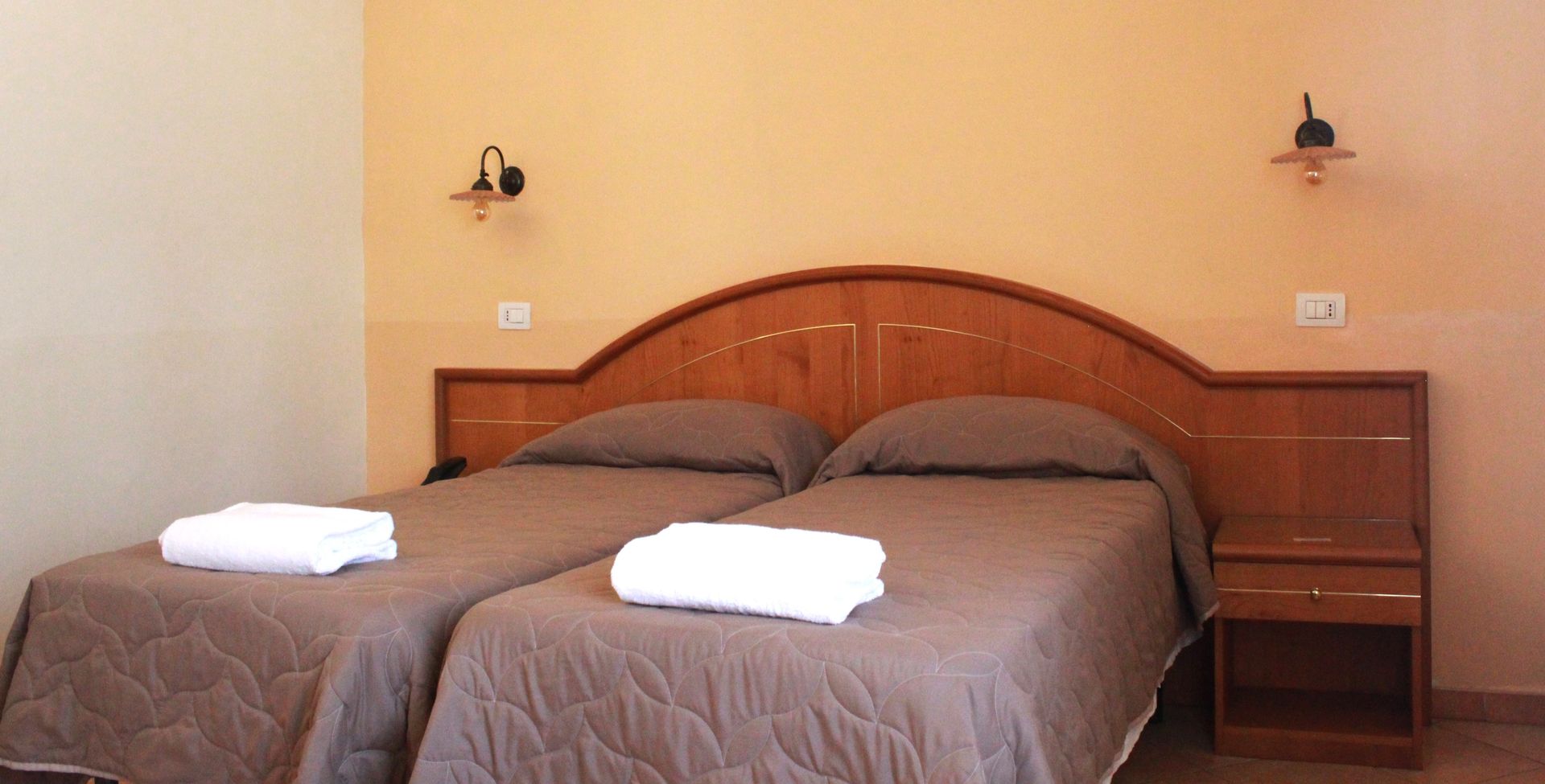 Due letti singoli con piumoni marroni, asciugamani bianchi e testiera in legno in una camera d'albergo.