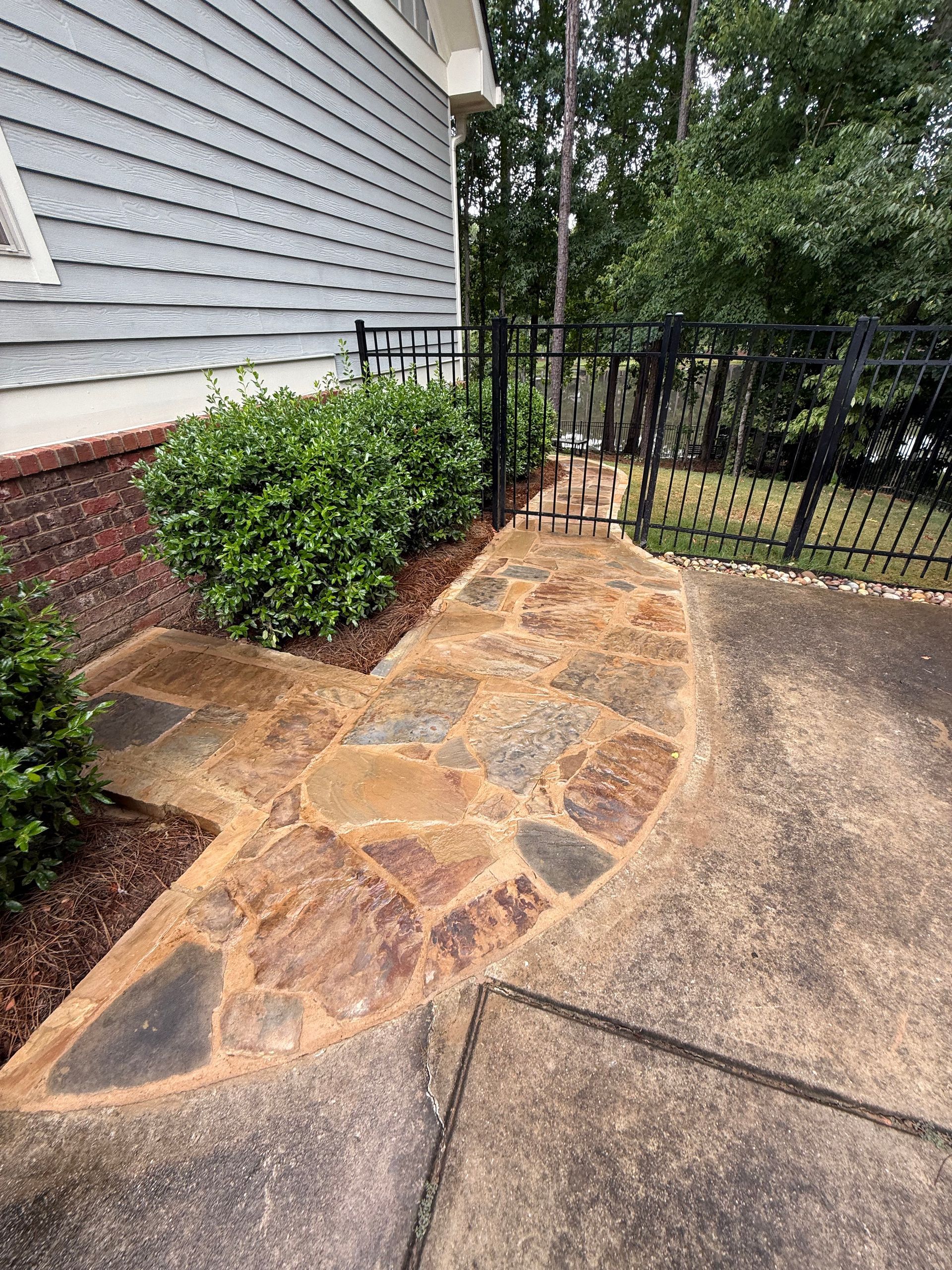 Flagstone pathway leading to a black gate, with bushes and a concrete walkway.