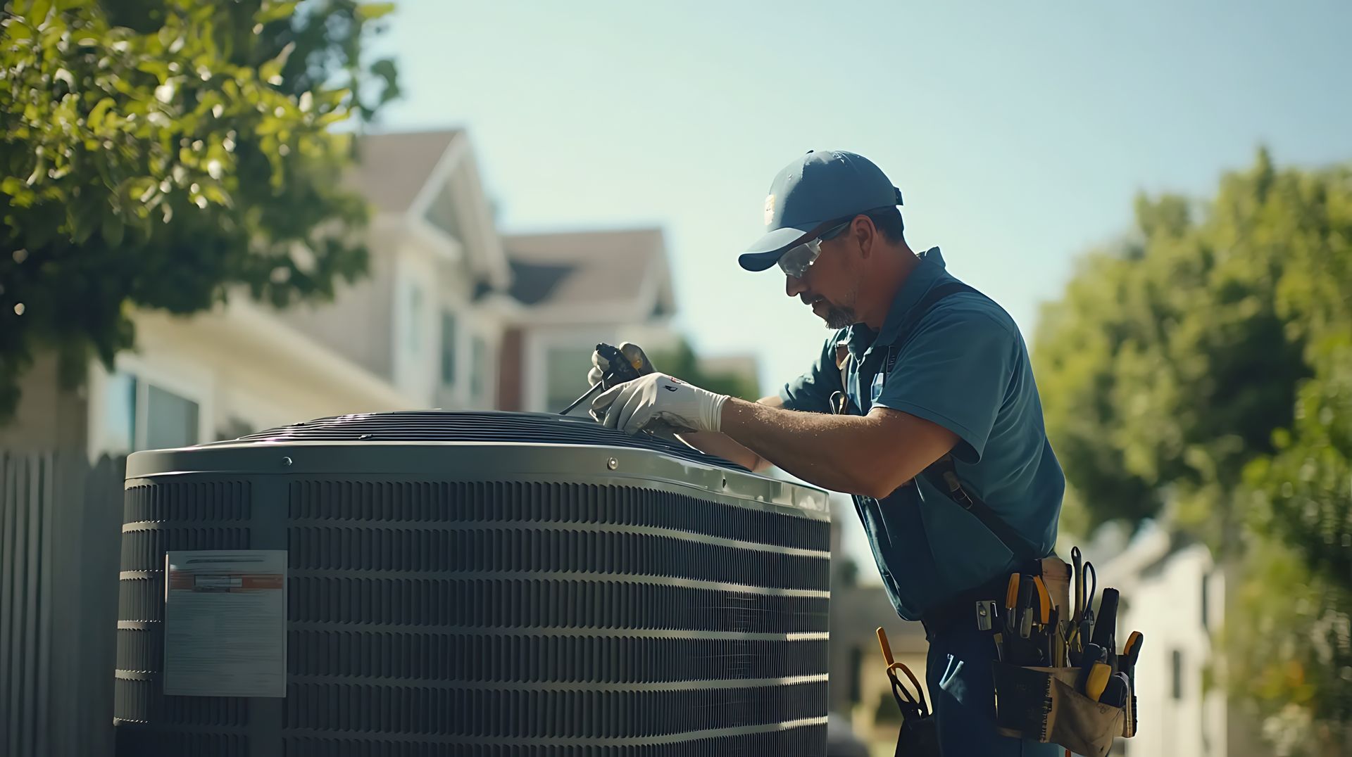 A local HVAC contractor, wearing a blue uniform, is inspecting and working on an AC unit. 