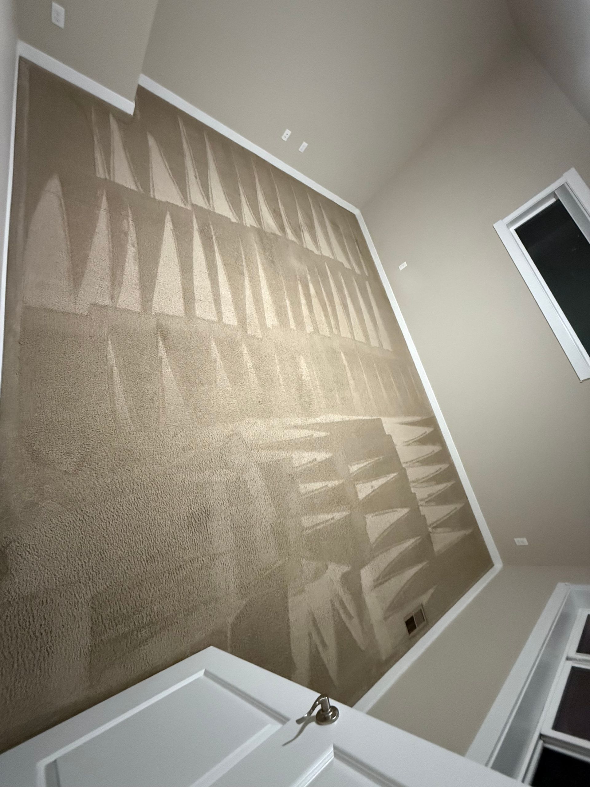 A beige carpet with clean triangular patterns, in a room with white trim and a white door.