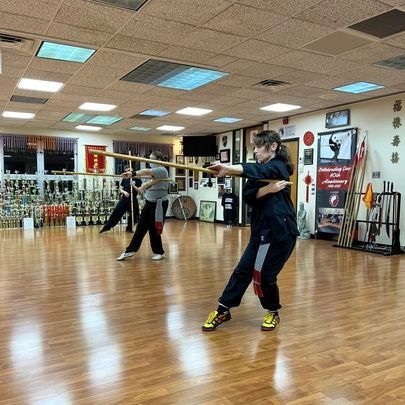 A group of people are practicing martial arts in a gym.