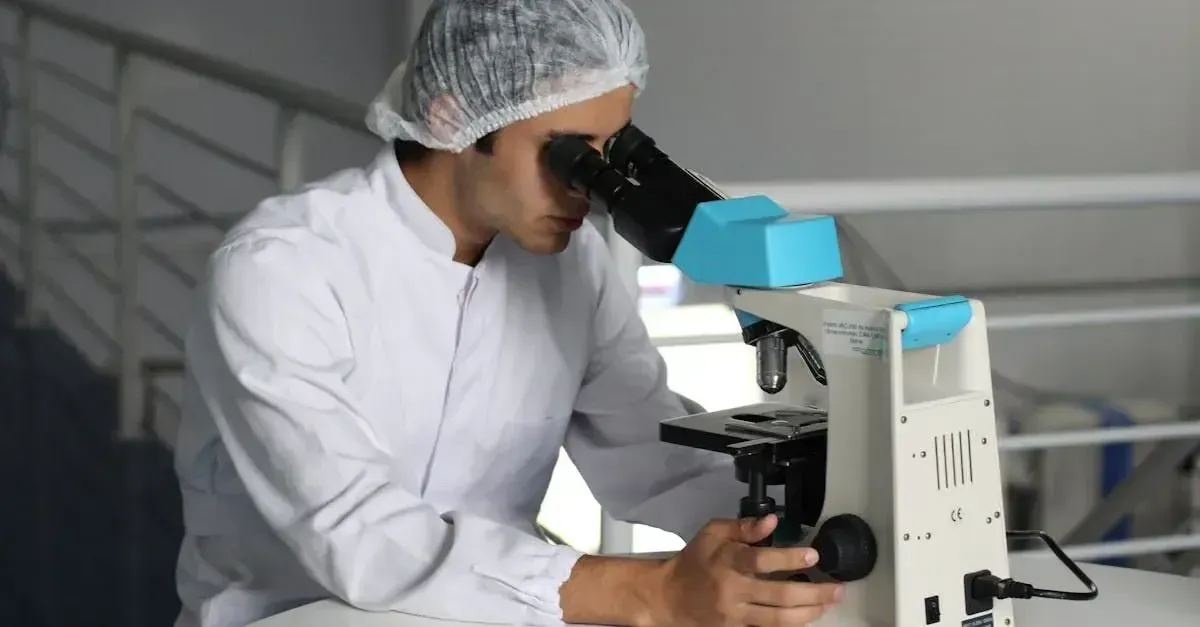 Image of a woman with a facemask on looking through a microscope in a clinical setting