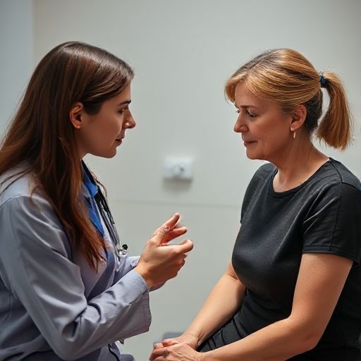 A doctor is talking to a seated patient