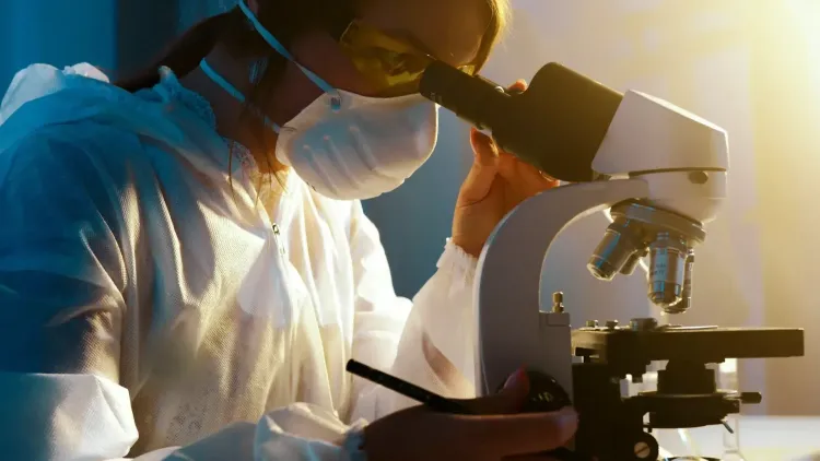 Female scientist with mask on looking through microscope