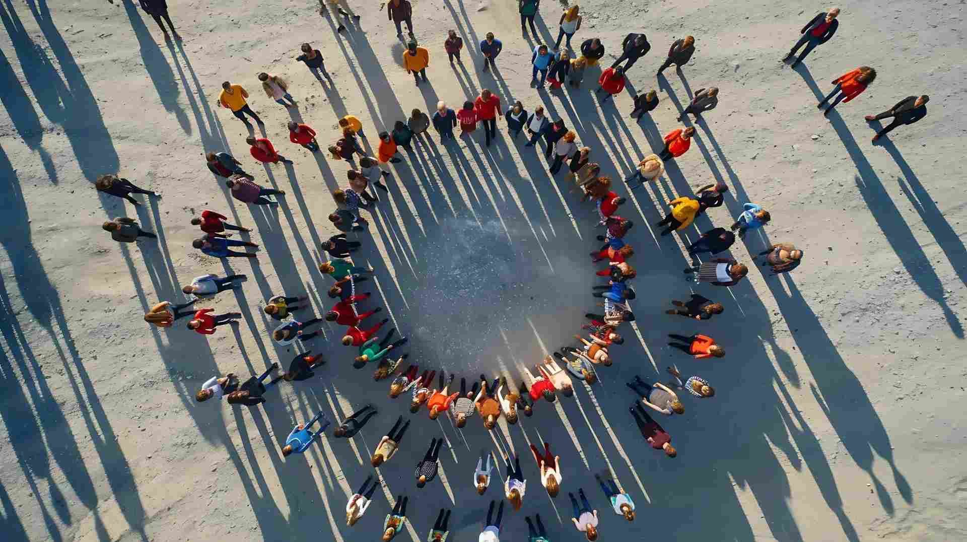 Image of a community of people standing in the sun looking up